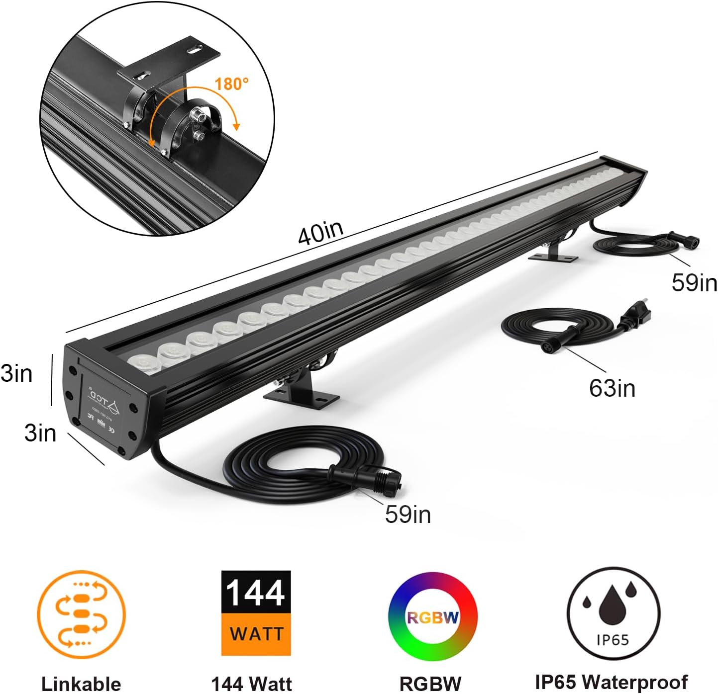 ATCD 144W RGBW Linkable LED Wall Washer Light Bar, ETL Listed, Waterproof for Outdoor Indoor Lighting Projects